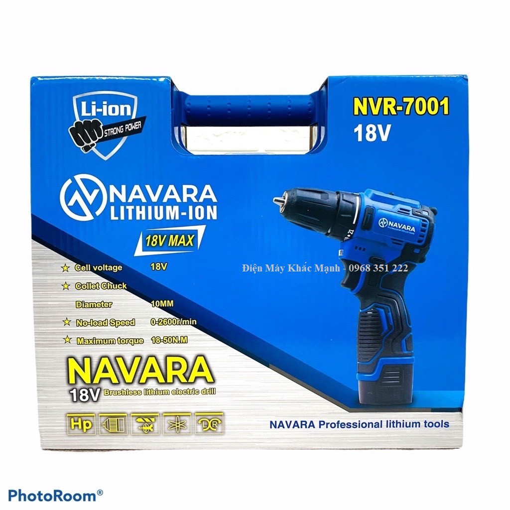 MÁY KHOAN PIN NAVARA NVR-7001 18V ĐỘNG CƠ KHÔNG CHỔI THAN, PIN 4 CELL