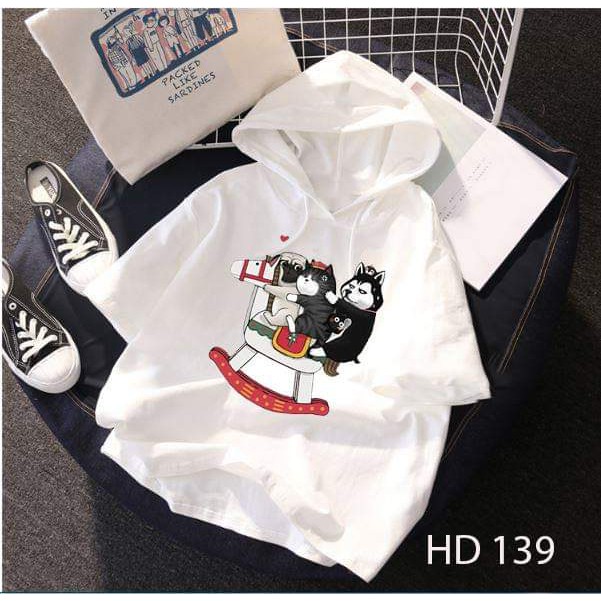 Áo thun HOODIE UNISEX TAY LỠ CÓ NÓN hình chó mèo bập bênh ngựa gỗ