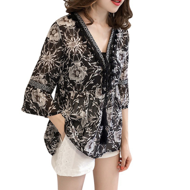Áo kiểu nữ vải chiffon cổ tim hoạ tiết hoa dáng rộng thoải mái đẹp ⭐