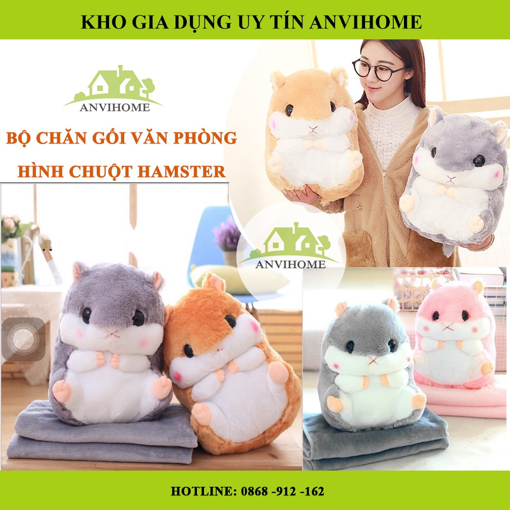 Gối mền Chuột hamster,Bộ chăn gối văn phòng, Gấu bông có chăn, Gấu bông 3in1 Anvihome