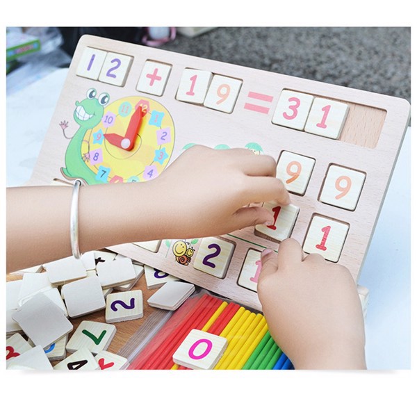 Bảng gỗ 2 mặt kèm các chữ số, que tính, đồng hồ - Đồ chơi toán học rèn luyện tư duy logic cho bé trai và bé gái