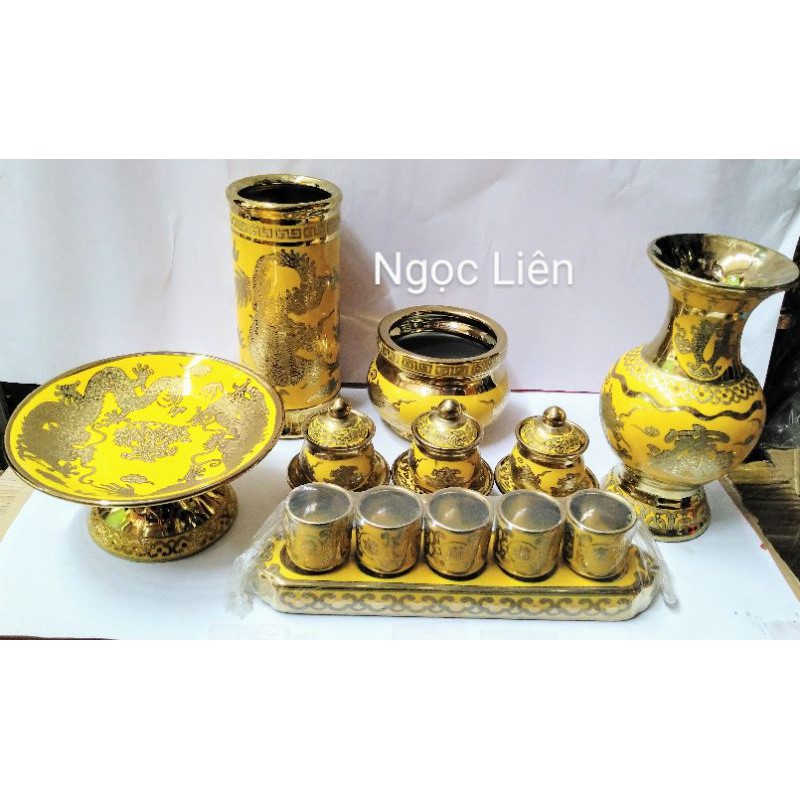 Bộ sứ thờ 3D rồng vàng bàn thần tài ngang 50cm lư hương 4 inch ( đường kính 11cm)