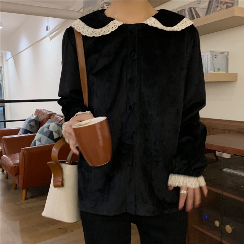 SUXI Áo sơ-mi tay dài phối ren vintage xinh xắn trẻ trung cho nữ