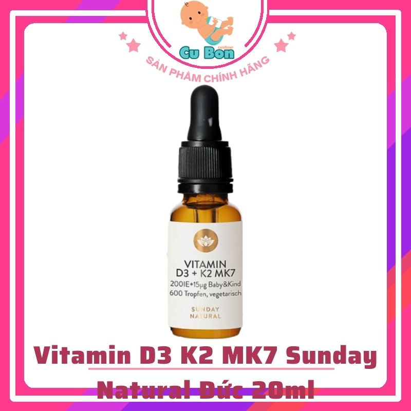 Vitamin D3 K2 MK7 Đức 200IE Sunday Natural dạng giọt 20ml cho bé Tăng hấp thụ canxi phát triển chiều cao tối ưu
