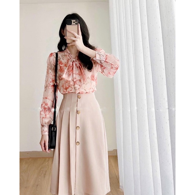 Sơ mi hoa cổ nơ tay phồng, Sơ mi tơ hoa mềm mịn | BigBuy360 - bigbuy360.vn