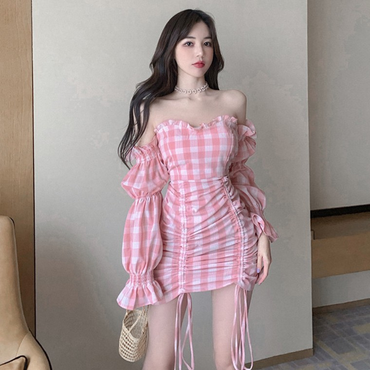 Đầm nữ dáng ôm caro trễ vai mini Emilyshop
