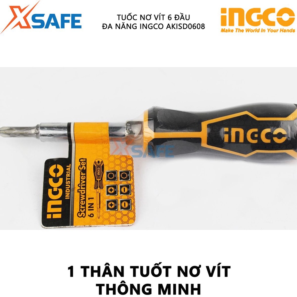 Tuốc nơ vít 6 đầu INGCO AKISD0608 - Size SL5, SL6, PH1, PH2, 6mm, 8mm [CHÍNH HÃNG][XSAFE]