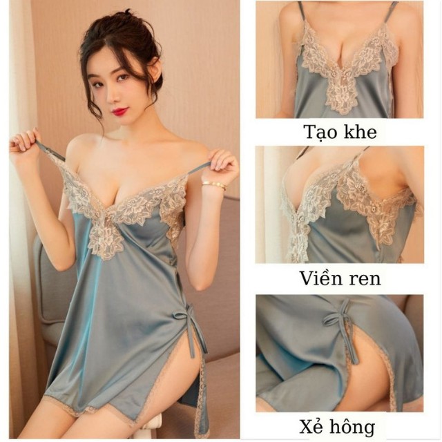 [QUÀ TẶNG] Váy Ngủ 2 Dây Lụa Phối Ren Cao Cấp Xẻ Hông Sexy Quyến Rũ – Đầm Ngủ Nữ Xuyên Thấu Phong Cách Trẻ Trung,Gợi Cảm