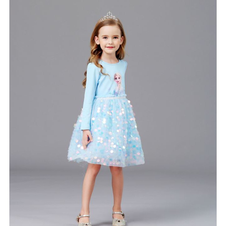 Váy Elsa Thu Đông 2021 Chất Cotton Da Cá, Đính Cườm Lấp Lánh Màu Xanh Nhạt và Tím Hồng