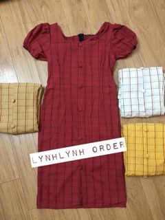 Váy kẻ caro tay phồng nút bọc (có ảnh thật)