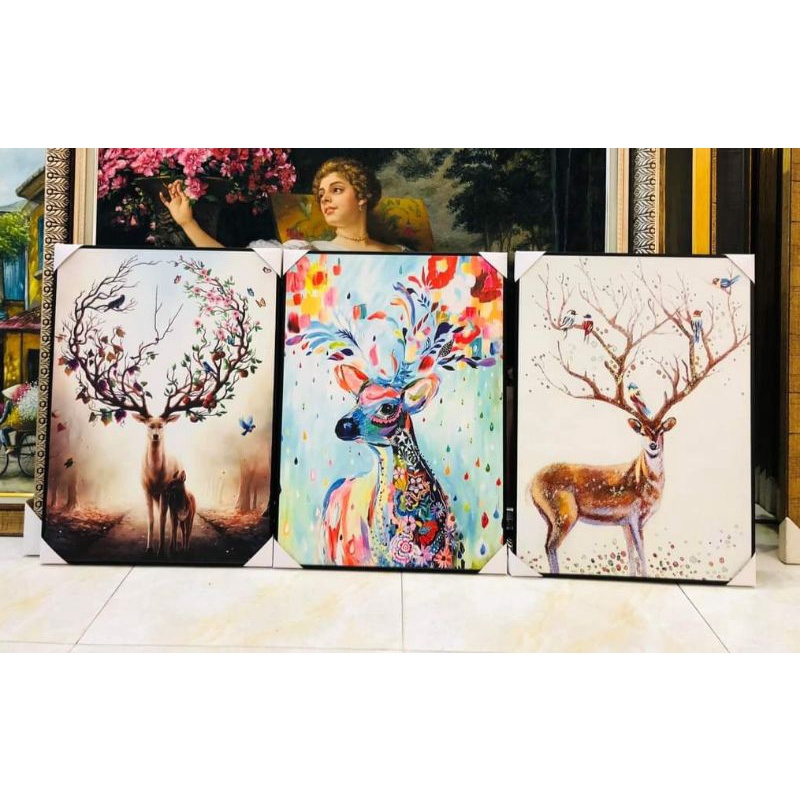 Tranh in canvas hươu hoa 30*40 & 40×60 kèm khung nhựa composite 2cm khách có thể thay đổi kích thước màu khung