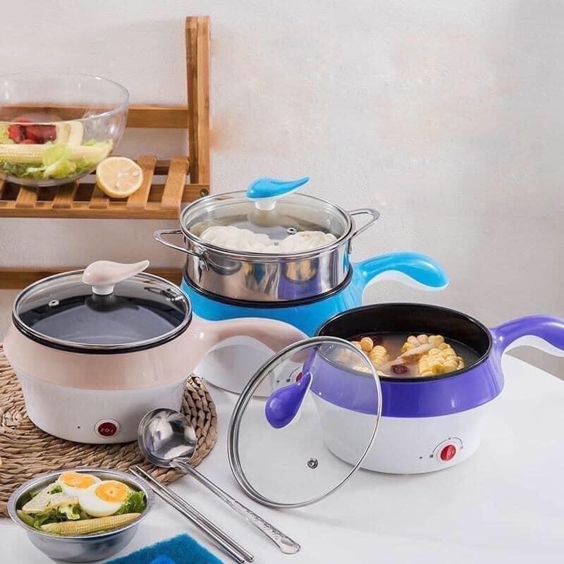 Nồi lẩu mini đa năng Electric Cooking Pot - Ca nấu mì có tay cầm kèm xửng hấp Inox cao cấp tiện dụng BH 1 tháng