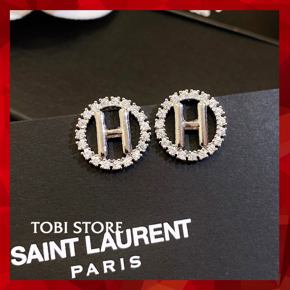 [Không đen gỉ] Khuyên tai nữ bạc thật S925 hàng xưởng dáng nụ chữ H đính đá KB44