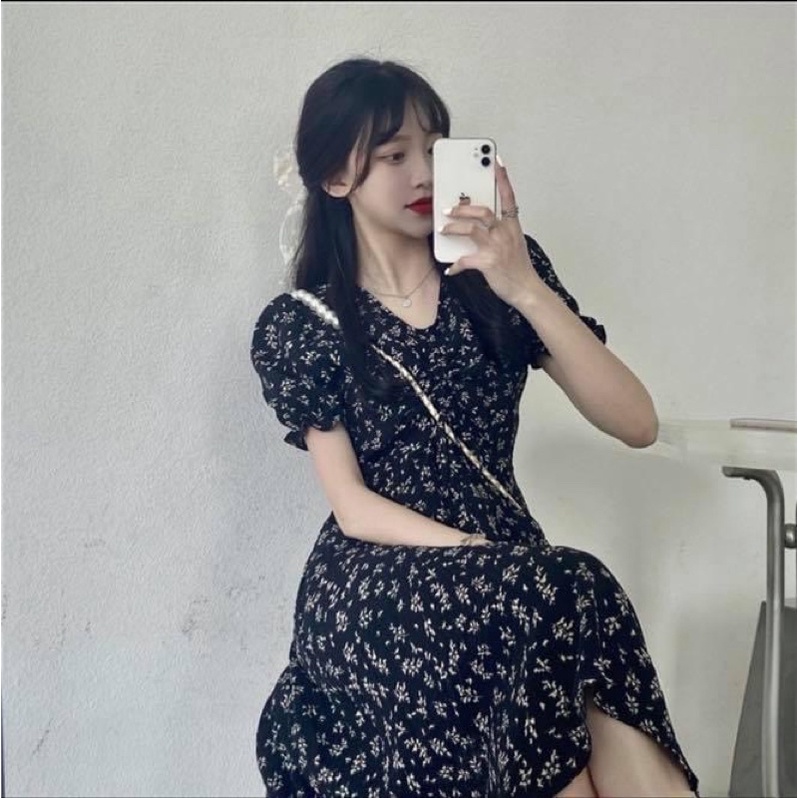 Đầm kiểu nữ maxi dài ngực đắp vạt chéo hoa nhí tay ngắn - Order taobao quảng châu