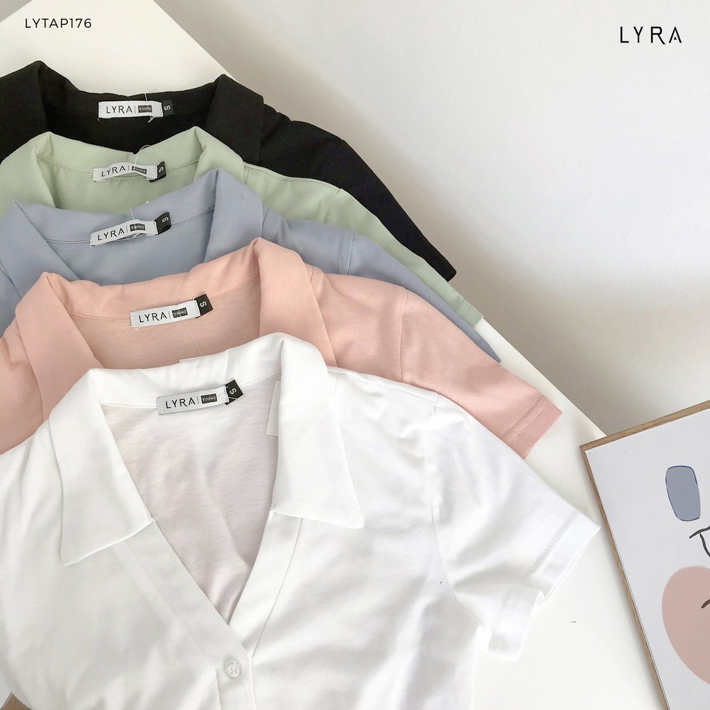 Áo phông croptop nữ thiết kế by LYRA cổ bẻ khoét V, thun cotton basic dáng ôm tay ngắn phong cách Hàn Quốc -LYTAP176