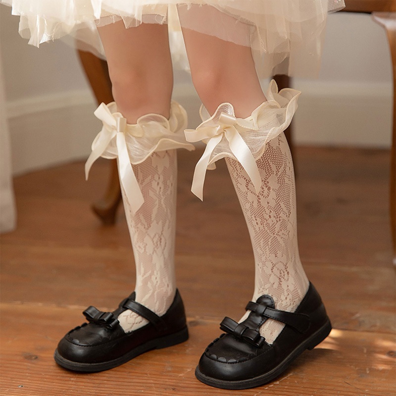 Youyo Vớ Cao Đến Đầu Gối Vải Lưới Satin Phối Nơ Dễ Thương Dành Cho Bé Gái