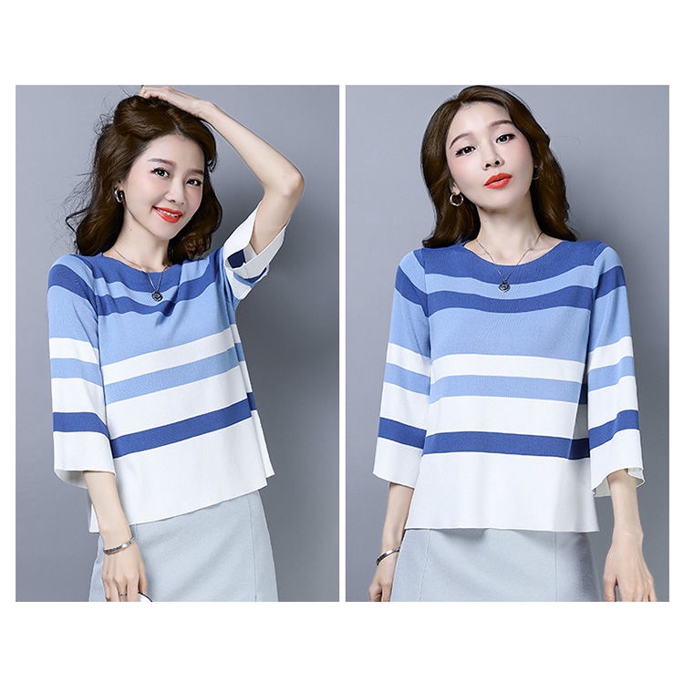 Áo Thun Lụa Dệt Kim Cổ Tròn Dáng Rộng Họa Tiết Kẻ Sọc Thời Trang Mùa Hè Cho Nữ