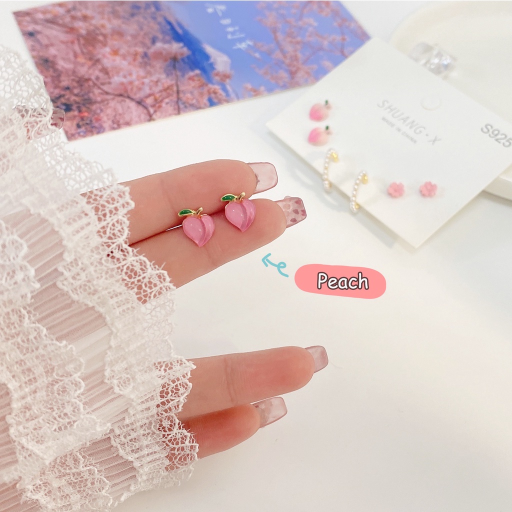 Hoa tai 17KM mạ vàng hình hoa đào màu hồng ngọt ngào đính ngọc trai cho nữ