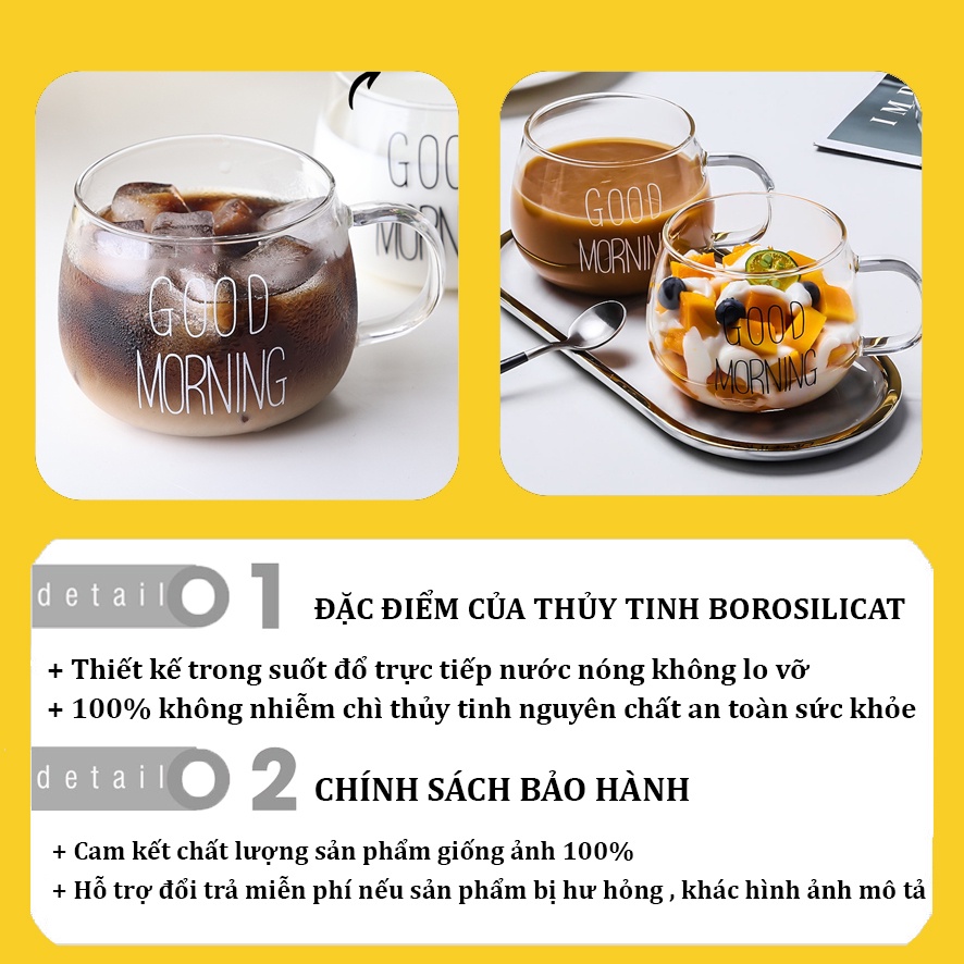 Ly thủy tinh dễ thương uống nước cute GOOD MORNING 350 ml Cốc thủy tinh chịu nhiệt có quai decor OUDECOR
