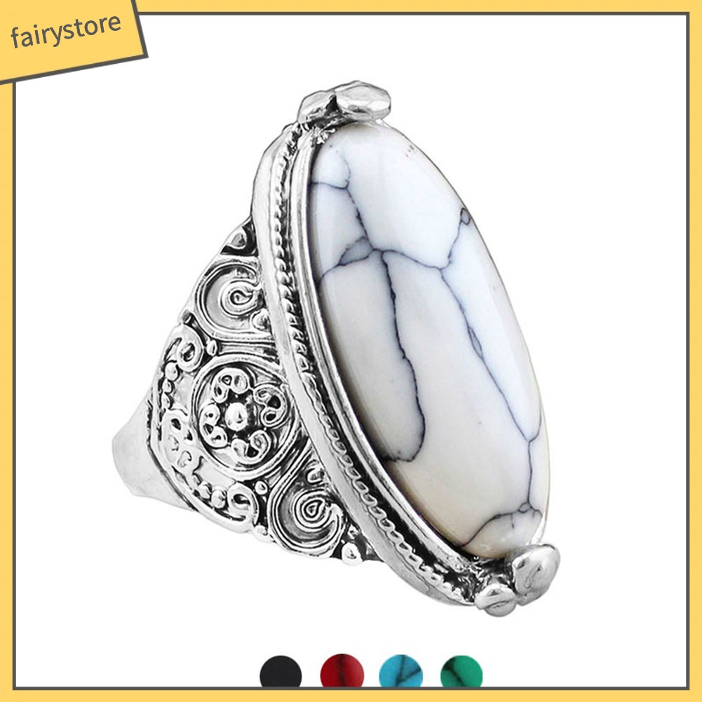 FS_Women Boho Vintage Oval Turquoise Antique Silver Plated Carving Ring Jewelry