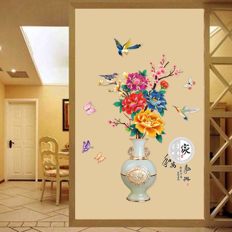 Tranh dán tường 3D Bình hoa mẫu đơn tuyệt đẹp KT 93x133cm, Decal trang trí phòng