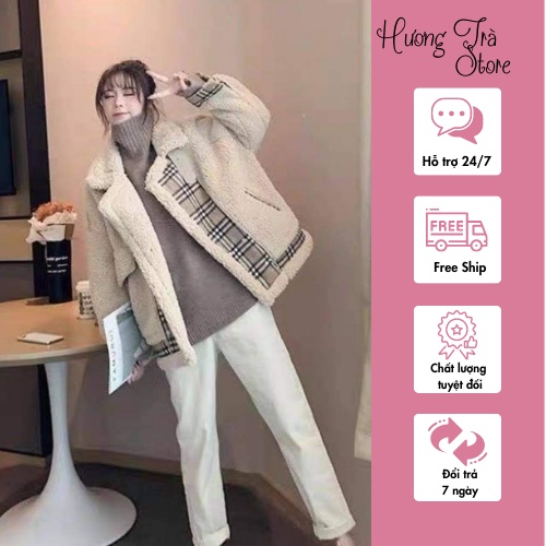 Áo Khoác Lông Phối Kẻ BBR, Áo Khoác Nữ Unisex Lông Cừu Dày Dặn 2 Lớp, Cúc Bấm Đóng Chắc Chắn Form Rộng, Dễ Phối Đồ