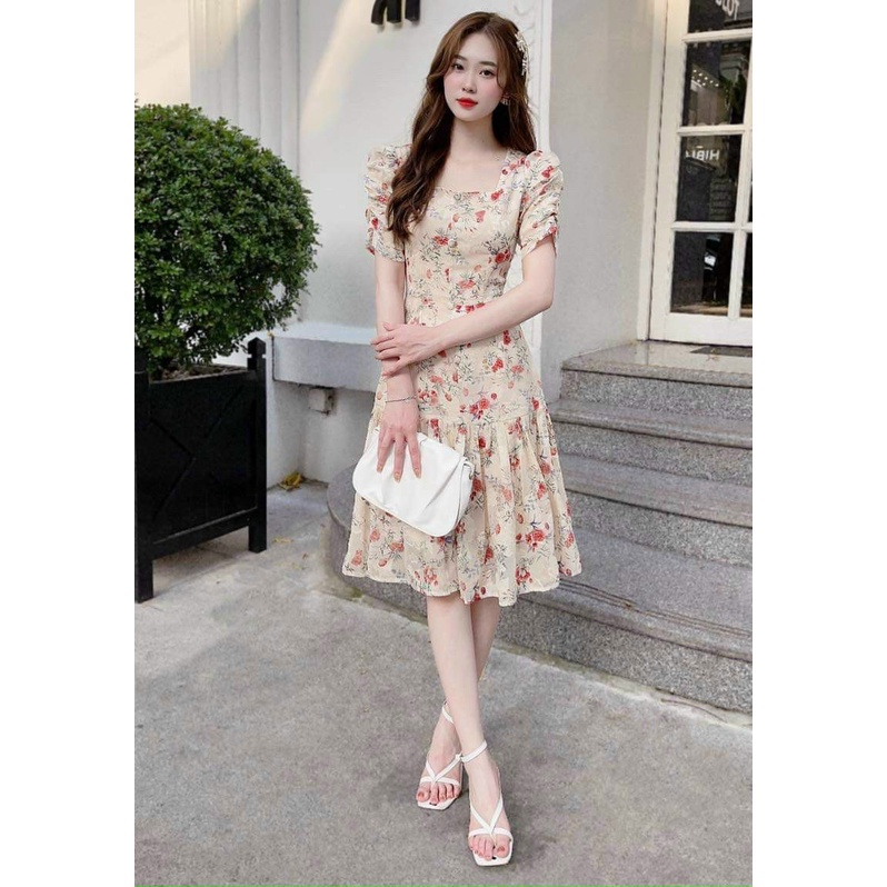 Đầm xòe hoa tay phồng nhấn eo cao thời trang VIVA TUN