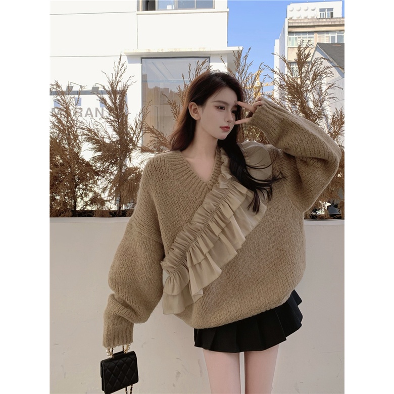 Áo khoác len rộng cổ chữ V của nữ thiết kế mùa thu và mùa đông hợp xu hướng giản dị sang trọng