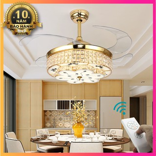 Đèn Chùm Quạt Trần trang trí, Quạt trần Đèn cánh Cụp Xòe Ánh Kim SLY6012 [Cánh nhựa Acrylic 42inch, Đèn chùm pha lê LED]