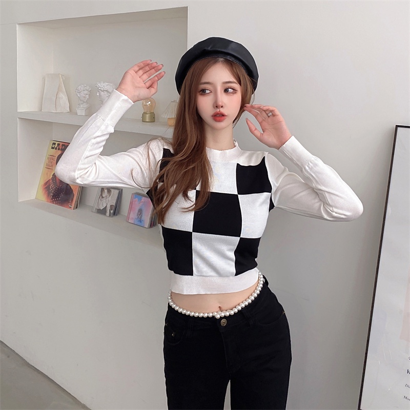 Áo Dệt Kim Tay Dài Dáng Ngắn Họa Tiết Sọc Caro Phong Cách Retro