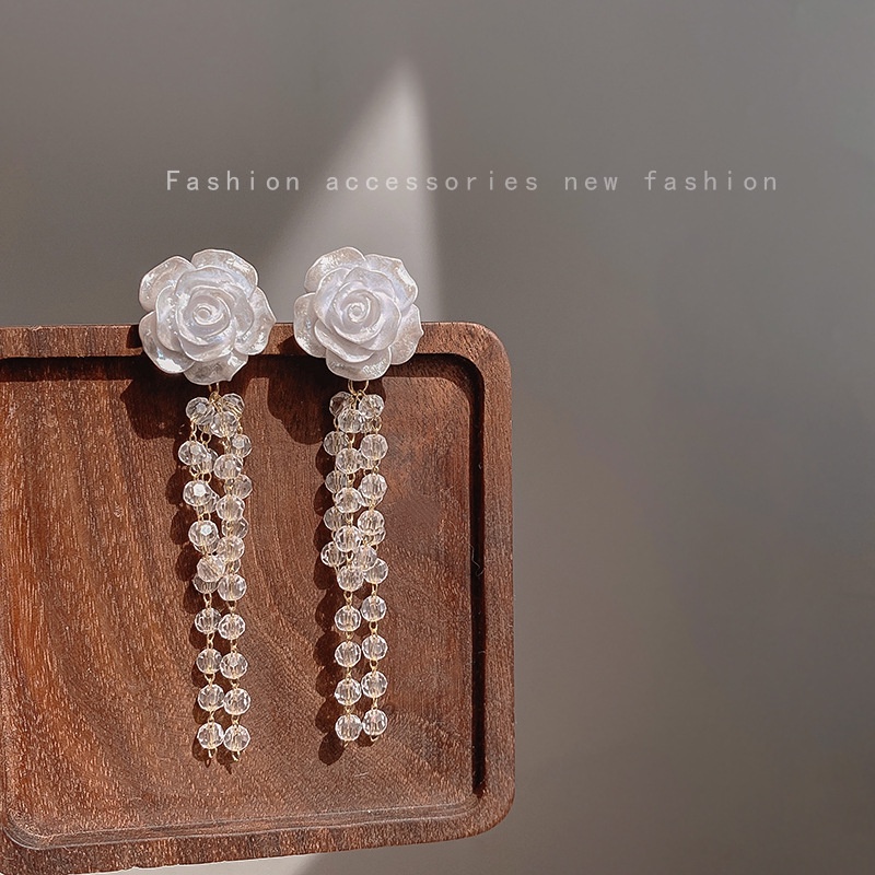 Bông Tai Dáng Dài Hình Hoa Trà Bằng Acrylic Phối Tua Rua Phong Cách Hàn Quốc Thời Trang Cho Nữ