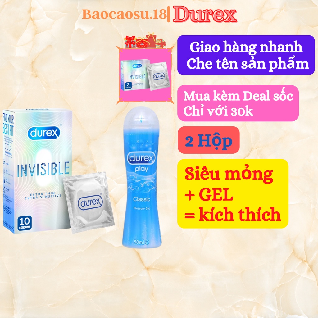 Bộ 2 bao cao su siêu mỏng Durex Invisible 10 bao và Gel bôi trơn Durex Classic 50ml.