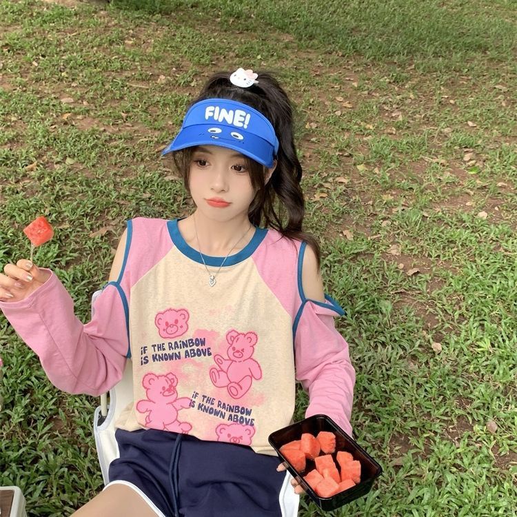 Áo Thun Tay Dài Dáng Rộng Hở Vai In Hình Gấu Phong Cách Hàn Quốc Cho Nữ