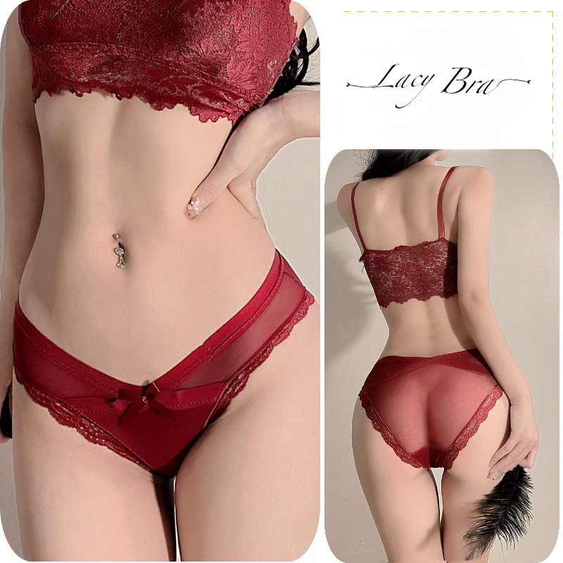 Bộ Bralette Ren Phối Quần Lót Voan Mỏng Cạp Chéo Sexy Lacy Bra - B15 | BigBuy360 - bigbuy360.vn
