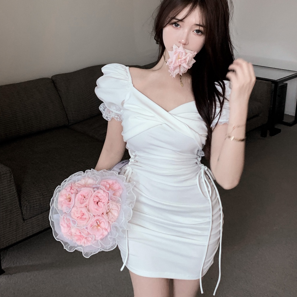Đầm Ôm Dáng Tay Ngắn Cổ Chữ V Phối Ren Thời Trang Mùa Hè Mới Phong Cách Hàn Quốc Quyến Rũ Cho Nữ