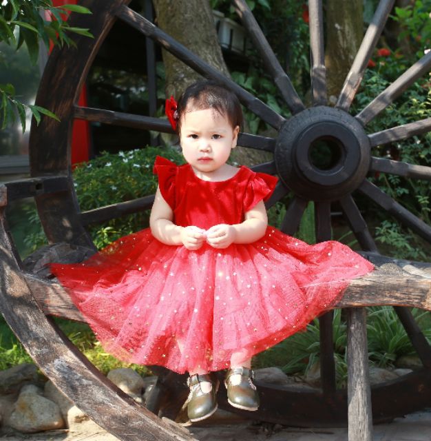 Đầm Sofia đỏ đính nơ phối ren cho bé gái