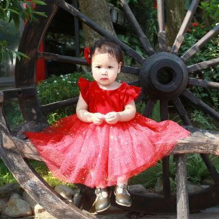 Đầm Sofia đỏ đính nơ phối ren cho bé gái