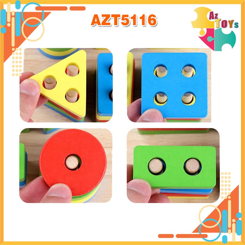 Đồ Chơi Gỗ Bộ Thả Hình Học 4 Trụ Montessori Cho Bé - AZT5116