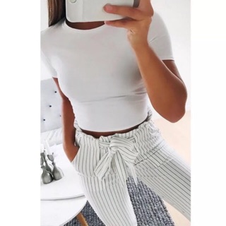 Áo thun gân TN nữ croptop cổ tròn trơn ôm body co giãn