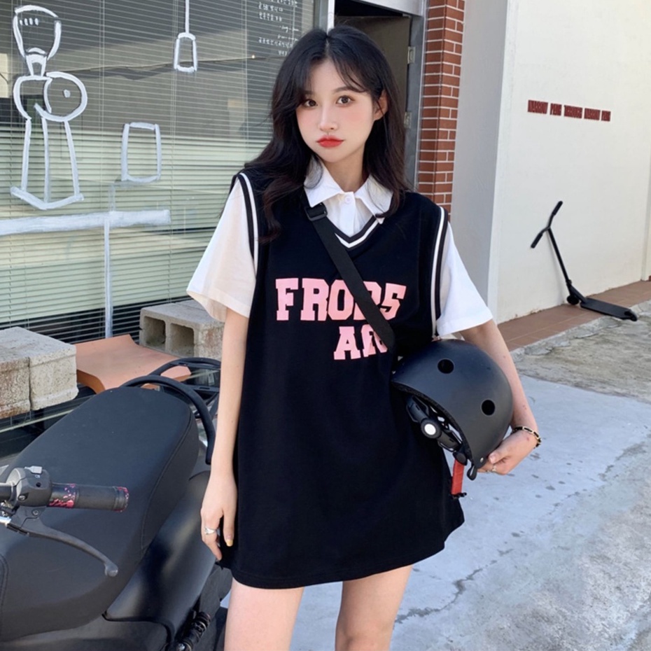 Đầm Thể Thao Ngắn Tay Dáng Rộng Có Cổ Thời Trang Hàn Quốc Cho Nữ