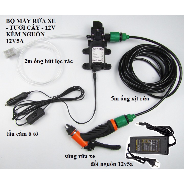 bộ rửa xe mini 12v kèm dây tẩu cắm ô tô và đổi nguồn 220v/12v5a