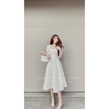 Váy Trắng Cổ Vuông Nơ Lưng Cực Diện Đám Cưới NYC Hàng Chất Chéo Thái Mềm Đẹp Hàng may kỹ lót 2 lớp cẩn thận