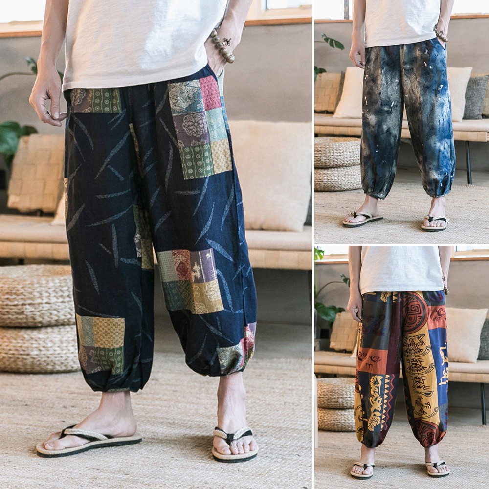 Quần ống rộng vải cotton lanh in họa tiết mùa hè dành cho nam