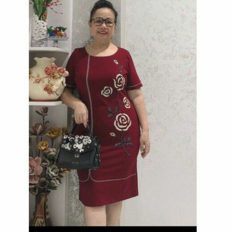 Đầm trung niên đi tiệc dáng suông hoa nổi, Đầm suông trung niên đi tiệc cao cấp