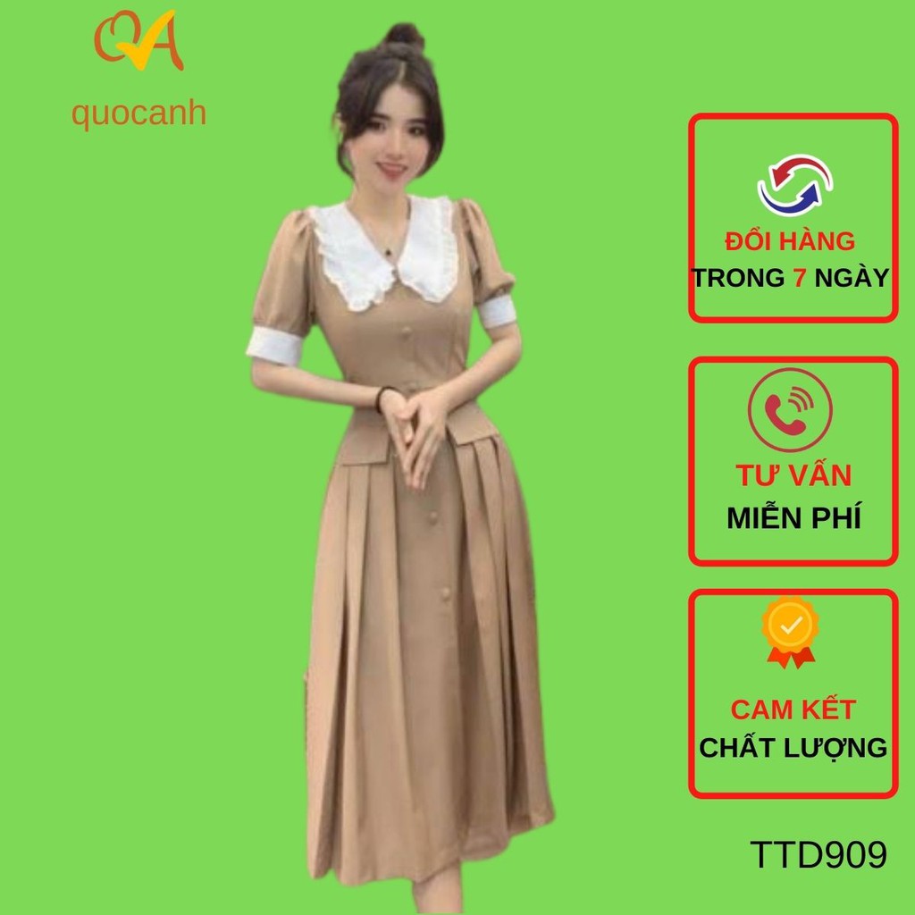 Đầm nữ thời trang dạo phố, công sở, dự tiệc Quocanh cổ bèo có túi, tay phồng phối nút