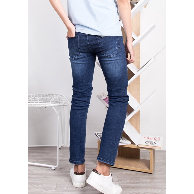 Quần Bò Nam Xước Xanh Đậm 2STOREGLE Dáng Body Slim Fit Chất Mịn Đẹp Không Xù Lông Không Bai Gião