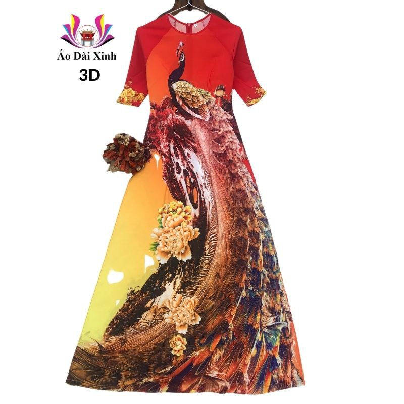 Áo dài truyền thống in 3D cổ tròn tay lỡ màu đỏ cam hình công