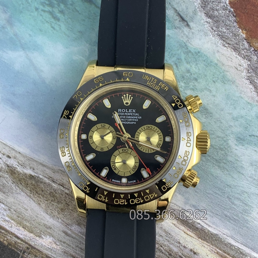 Đồng hồ nam Rolex cơ Automatic máy nhật mẫu 3 nút vàng chanh dây cao su số DẠ QUANG size 41-42mm