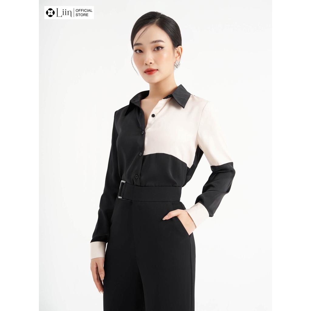 Áo sơ mi Linbi chất liệu Lụa Đen Phối Trắng sang trọng, dễ mix đồ liin clothing SM3615