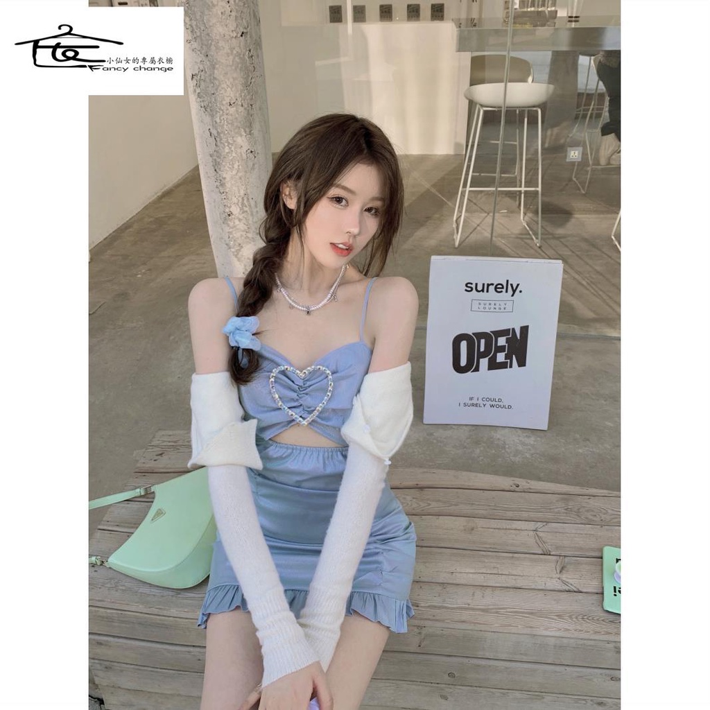 Đầm Hai Dây Ngắn Ôm Dáng Họa Tiết Trái Tim Đính Kim Cương Giả Thời Trang Mùa Hè Cho Nữ